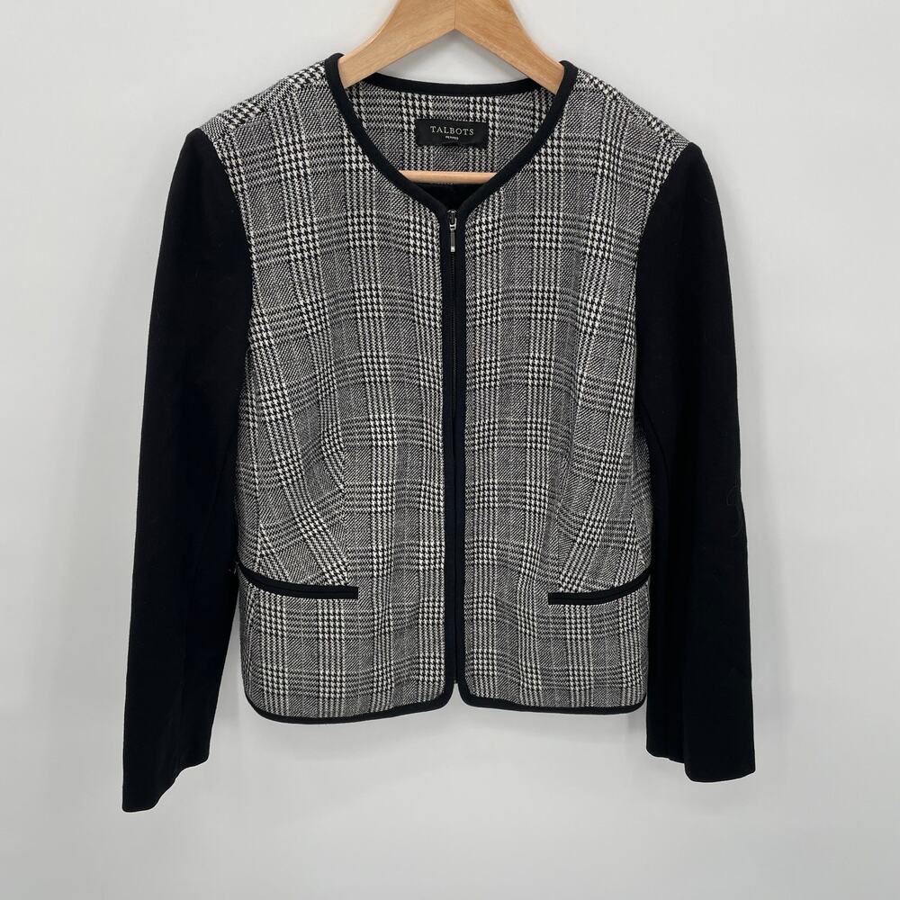 TALBOTS Houndstooth Zip Front Black & White Blazer Jacket // 12